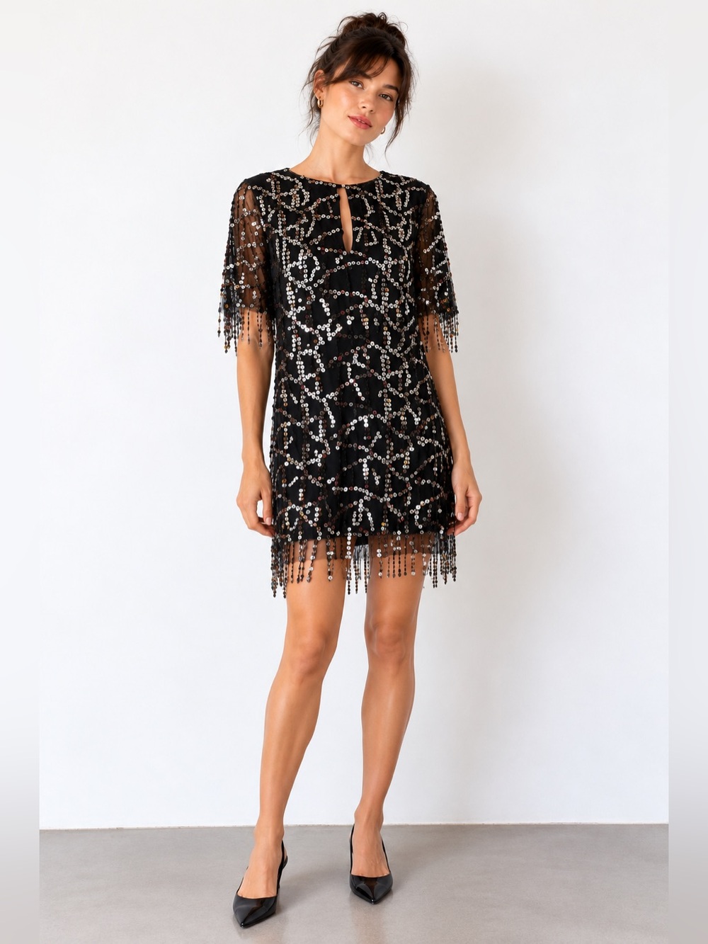 Zara Basic Collection Black Sequin Mesh Fringe Mini Dress M